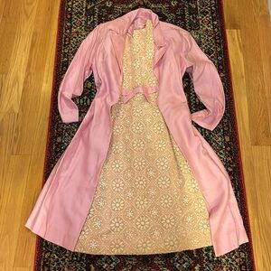 Vintage 1960s Lace Embroidered Ivory and Pink Shift Dress with Jacket Set